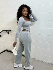 Alexandranx Women's Low-Waist Drawstring Looped Waist Slant Pocket Straight Leg Wide-Leg Sweatpants, Fashionable Minimalist Casual Everyday Wear, Suitable For Petite, Spring/Autumn Graduation,Back To School Outfits,Graduation,Teacher Outfits For Women,Back To School - Grey - View 5