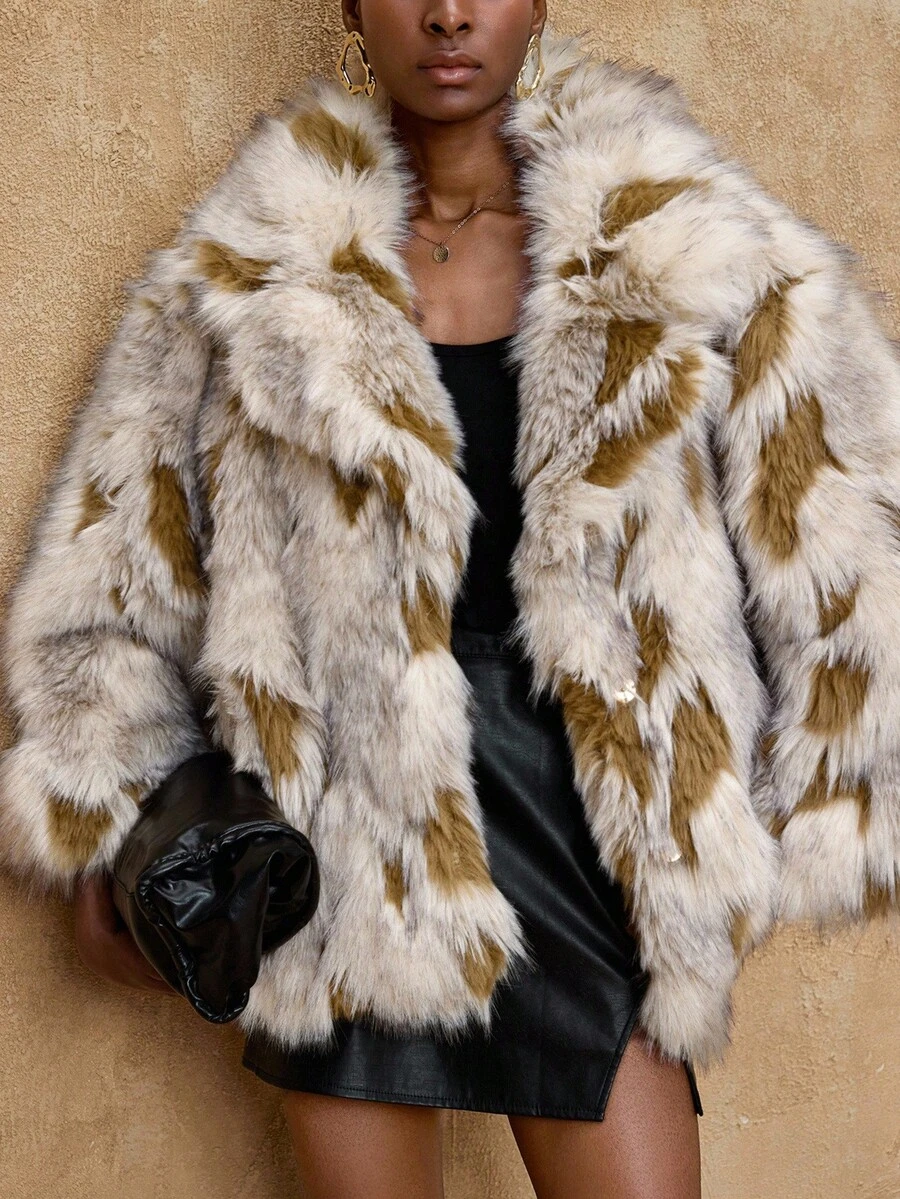 Lumalex VITNOS Women's Faux Fur Leopard Print Coat,White Animal Print,Winter,Elegent,Party Night Fashionable Commuting Contrast Color Jacket, Outerwear