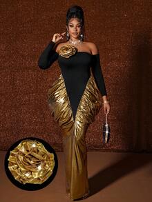 Maweii 大码女式性感金属面料拼色设计派对生日连衣裙 - 彩色 - 查看 7