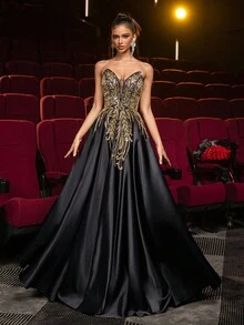 Glamrae Váy maxi satin đính cườm và sequin sang trọng, thanh lịch, họa tiết hoa chắp vá, gợi cảm với viền bèo nhún quá khổ, thích hợp cho đám cưới, tiệc tùng, kỳ nghỉ, dạ hội, váy dạ hội (đính cườm nhiều họa tiết) - màu đen - Xem 6