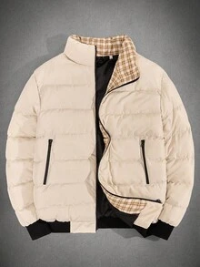 RueChic Men Plaid Printed Lining Patched Regular Wintercoat - Beige - View 6