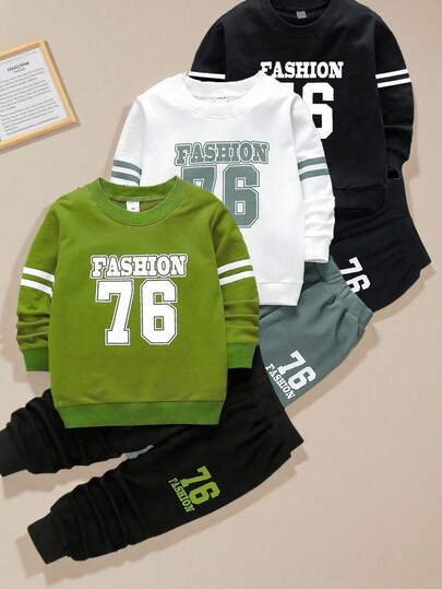 SHEIN 6 件套年轻男孩休闲运动学院街头可爱 76 数字和字母运动衫 + 裤子，适合日常穿着、上学、郊游、运动、春秋