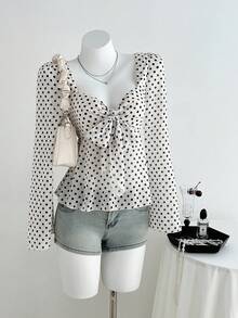 SHEIN Unity 1pc Women's Apricot V-Neck Tie Front Polka Dot Flare Sleeve Casual/Work Blouse - Apricot - View 3