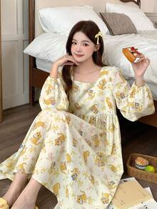 DAZY 可爱卡通印花方领泡泡袖宽松女式睡袍，适合秋季睡衣 - 黃色 - 查看 3