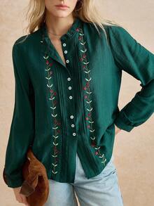 Écloséra French Style Daily Elegant Commuting Bottom Versatile Frill Edge Stand Collar Embroidered Dark Green Women's Autumn And Winter Tops Shirt Women's Shirt Women's Shirt Long Sleeve Top Women's Elegant Shirt Women's Casual Shirt, Christmas