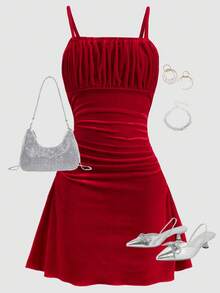 SHEIN Tween Girl 优雅褶饰细肩带天鹅绒面料中长连衣裙 - 紅色 - 查看 1