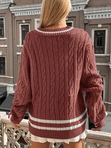 EURMUSE Plus Striped Trim Cable Knit Drop Shoulder Sweater, For Winter - Pink - View 2