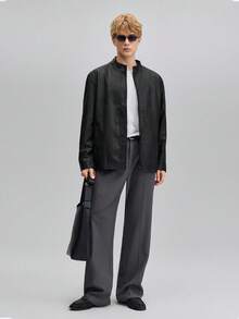 Officeau 男士防风休闲立领黑色皮夹克，秋冬季 - 黑色 - 查看 2