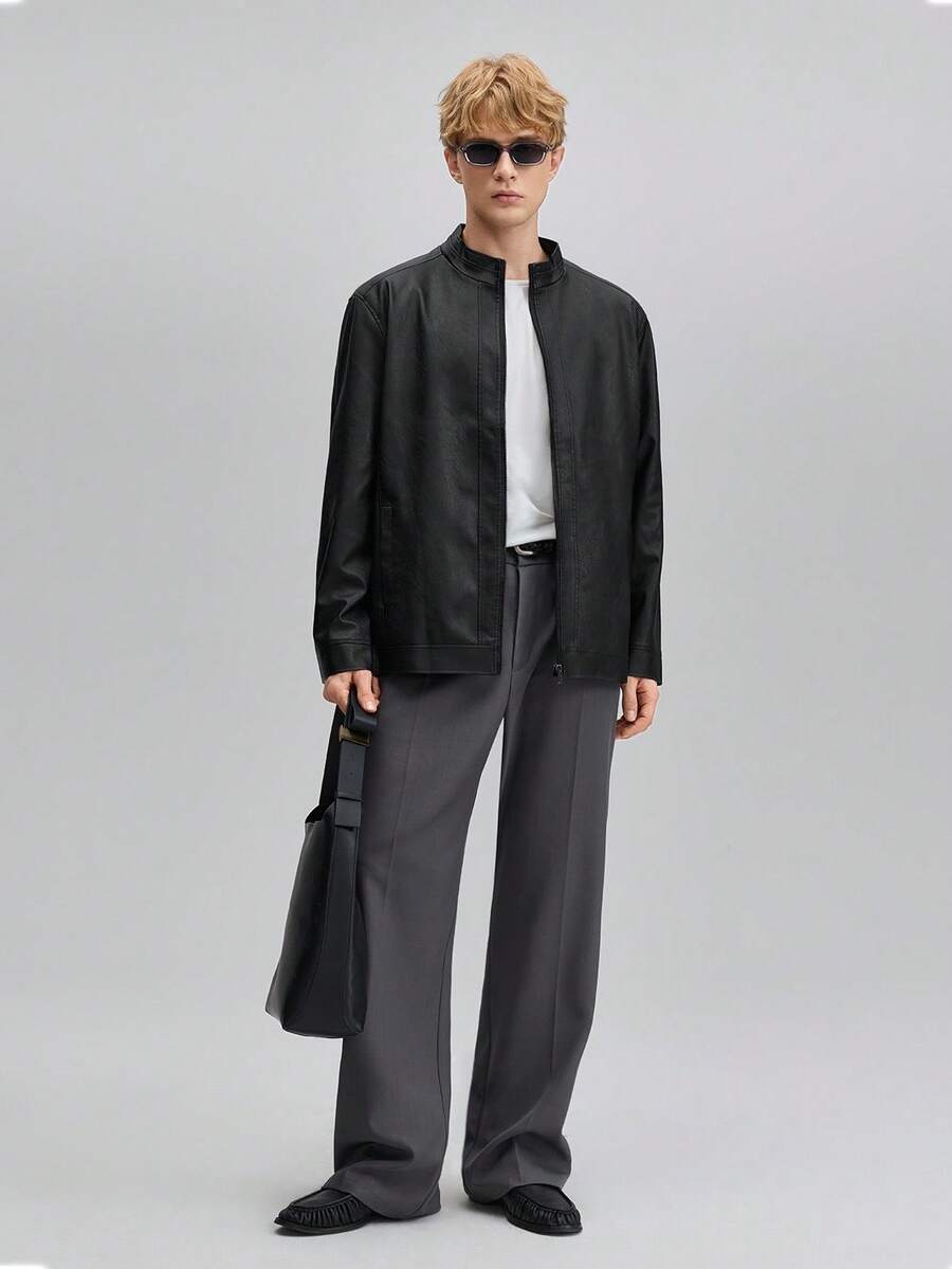 Officeau 男士防风休闲立领黑色皮夹克，秋冬季