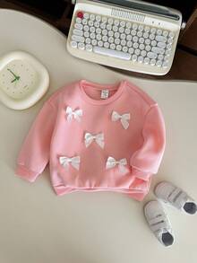 SHEIN Babygirl Cute Versatile Beige Bow Long Sleeve Sweatshirt, Autumn/Winter Baby Girl Sweater Baby Clothes Girl Fall Sweater Baby Girl Clothes Spring Fall Baby Girl Jumper Baby Girl Pink Bows - Pink - View 5