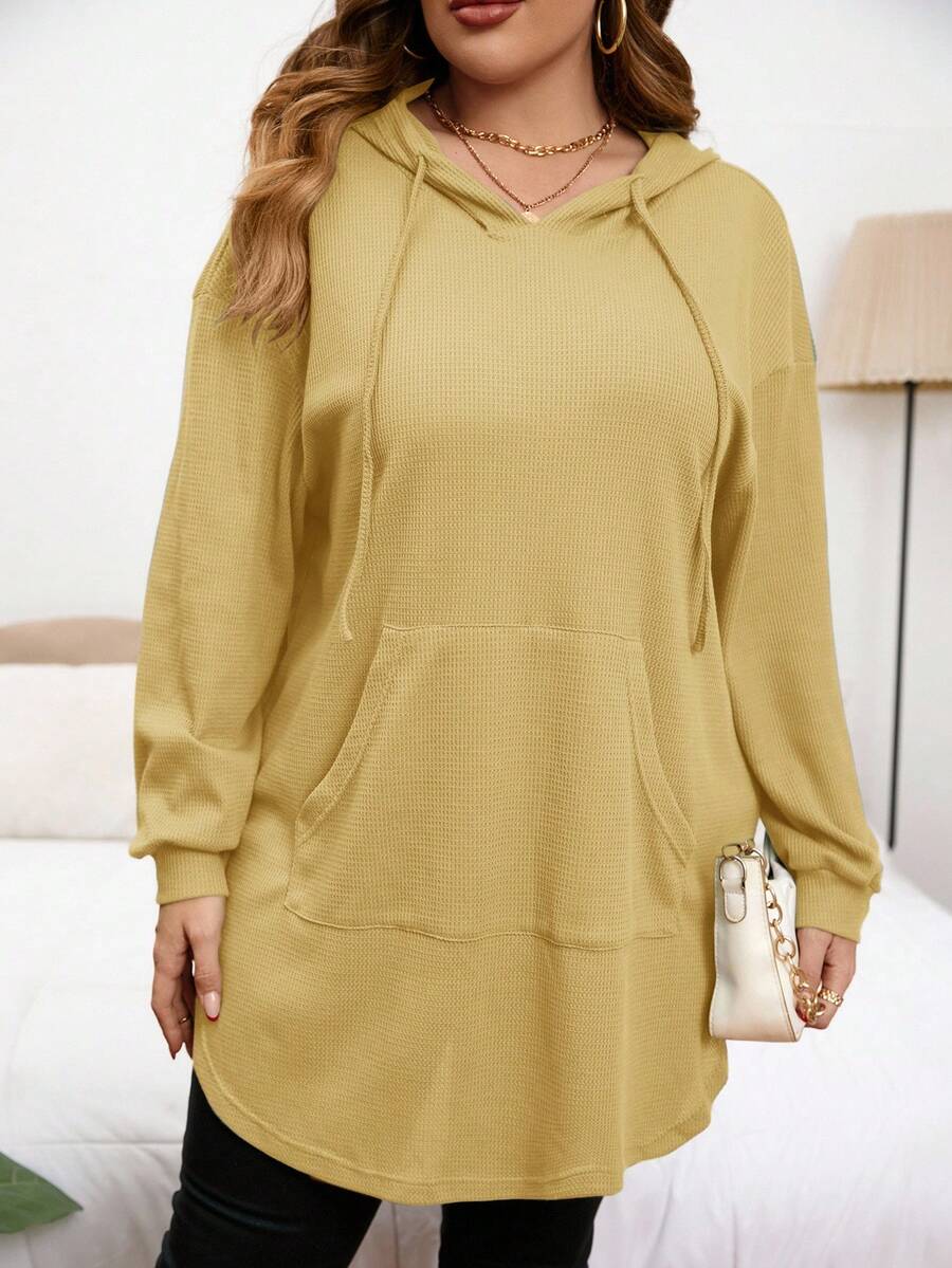 SHEIN Privé Plus Size Casual Solid Color Arched Hem Hoodie, Autumn/ Winter