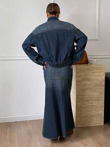 DAZY 西部牛仔风格做旧洗水高领长袖拉链宽松夹克和不对称下摆短裙休闲街头装，秋冬 - 藍色 - 查看 2