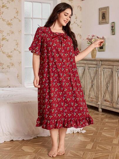 CottageSlumber 大码女士浪漫碎花方领短袖荷叶边长款睡裙，修身显瘦睡衣，女士加大码睡衣，宽松睡裙