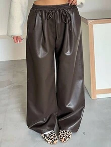 Dazy Plus 大码女式宽松直筒PU皮裤，腰部抽绳，休闲街头风格，适合秋冬季 - 棕色 - 查看 5