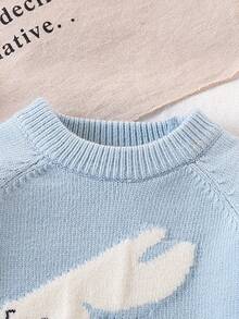 SHEIN Vintaside Kids Baby Girls 2pcs Sweater Co-Ord Set - Knitted Long Sleeve Pullover Sweater With Rabbit Jacquard Pattern & Bow Accent + Wide Leg Knit Pants, Fashionable & Cute Outfit For Autumn/Winter, Suitable For Casual, Home, Travel, School Baby Set Autumn Winter Season Baby Knitted Set Baby Girl Warm Sets Baby Two Piece Set Knit Two Piece Toddler - Blue - View 7