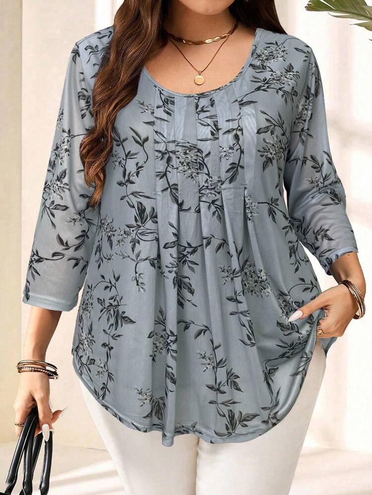 EMERY ROSE بلوزة نسائية كبيرة الحجم مطبوعة بالزهور، أكمام ثلاثة أرباع، صيفية - رمادي - مشاهدة 1