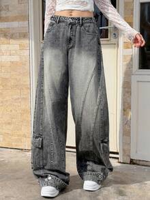 Rivivi 女式直筒宽松时尚百搭休闲低腰阔腿牛仔裤 - 灰色 - 查看 3