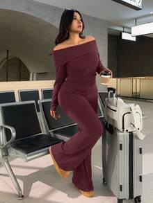 SHEIN EZwear Conjunto Casual Minimalista de 2 Peças com Ombros à Mostra e Canelado em Plus Size - Vinho - Visão 5
