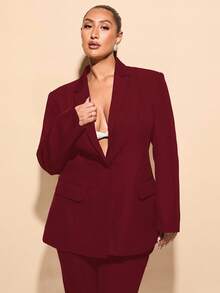 SHEIN BAE Women's Plus Size Elegant Black Slim Fit Long Sleeve Suit Jacket, Perfect For Going Out/Winter - Maroon - View 5