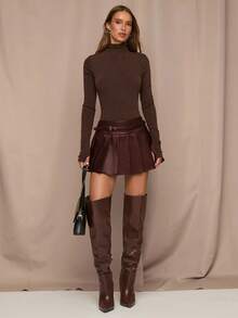 SHEIN BAE Women's Solid Color Waist Buckle Design Pleated PU Leather Fashion Mini Skirt,Brown Skirt - Chocolate Brown - View 7