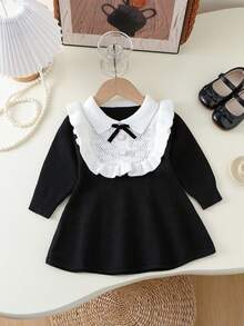 SHEIN Playful Pals Baby Girls Knitted Turtleneck Long Sleeve Sweater Dress, Versatile Black & Beige Color, Elegant Ruffled Hem & Bow Decor, Suitable For Autumn/Winter, Casual, Homewear, Outdoor, School, Travel Black And White Baby Dress Baby Girl Black Dress Black Dress White Collar Baby Baby Girl Black Knit Dress Toddler Black And White Dress Fall