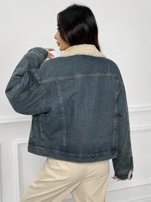 DAZY Women's Loose Fit Padded Coat With Fur Collar And Denim Patchwork, Autumn/Winter Jacket - Blue - View 2