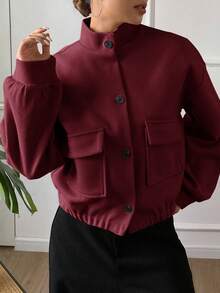 DAZY 女式休闲纯色立领口袋短款夹克，秋季 - 紫紅色 - 查看 5