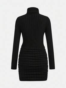 Girlism 少女罗纹立领褶饰修身连衣裙 - 黑色 - 查看 2