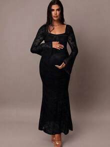 MaterniChic 孕妇甜心领口系带喇叭袖修身优雅连衣裙 - 黑色 - 查看 3