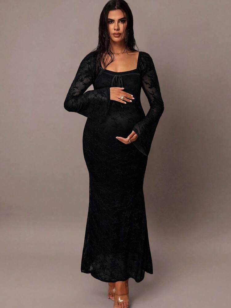long sleeve black lace maternity dress Lace Sleeve Chiffon Maternity Gown: V-Neck Baby Shower Dress
