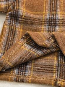 Playful Pals 1pc Baby Boys' Lapel Long Sleeve Plaid Retro Khaki Shirt Jacket,Korean Casual Fleece Thickened Brushed Cotton Teddy Pocket Autumn Airport Outings - Khaki - View 5