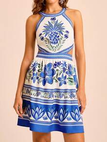 CAJUNI Women's Boho Tropical Floral Print, Sleeveless Tie-Back Backless Mini Dress, Casual Beach Sundress For Summer Vacation - Multicolor - View 8