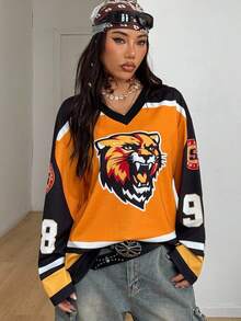Coolane 女式秋季街头休闲运动装数字图案红色超大长袖平纹针织 T 恤 - 彩色 - 查看 4