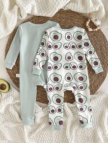 新生儿柔软舒适牛油果印花拉链连体衣、长袖和裤子两件套 - 綠色 - 查看 2