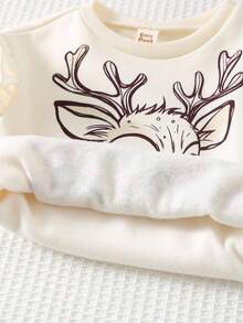 Cozy Pixies 2pcs Baby Girl Cartoon Animal Floral Deer Pattern Knitted Soft Round Neck Ruffle Trim Long Sleeve Sweatshirt & Elastic Waist Slim Fit Flare Pants Set, Suitable For Autumn/Winter, New Year, Indoor, Outdoor, Casual, Skiing, Back To School, Daily, Sports, Play, Party - Multicolor - View 9