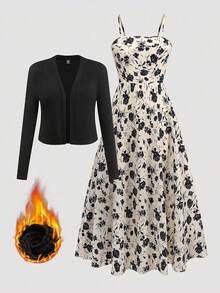 Franclia 大码女式纯色长袖开衫夹克和花卉印花吊带背心连衣裙优雅套装，秋季 - 彩色 - 查看 10