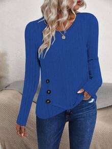 EMERY ROSE Camiseta de manga larga con bajo asimétrico de unicolor casual, otoño - Azul - Ver 5