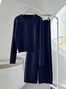 EMERY ROSE New Fashion Autumn/Winter Round Neck Fluffy Loose Casual Slouchy Knitted Wide Leg Pants & Sweater 2 Pieces Set - Navy Blue - View 3