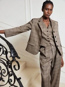 Maija 棕色格子女式休闲裤，现代褶皱宽松格子西装女式格子西装格子西装套装女式西装套装粗花呢西装，秋季女装，万圣节 - 棕色 - 查看 5