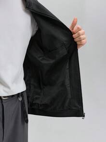 Officeau 男士防风休闲立领黑色皮夹克，秋冬季 - 黑色 - 查看 5