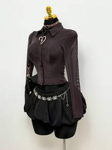 EgrlEra Solid Color Front Button Long Sleeve Casual Sheer Blouse Y2K - Brown - View 3