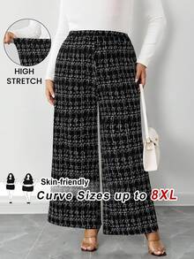 SHEIN CURVE+ 大码女式优雅格子印花弹力针织裤，适合各种场合，适合优雅的日常通勤、商务休闲/秋冬 - 彩色 - 查看 3