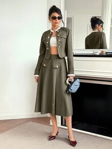 Franclia Damen Herbst/Winter elegantes romantisches Zweiteiler-Outfit mit rundem Ausschnitt, Metallknopf-Dekor, plissierter Rüsche, Patchwork, elastischem Bund und A-Linien-Rock für Universität und Herbst - Verschiedenfarbig - Übersicht 7