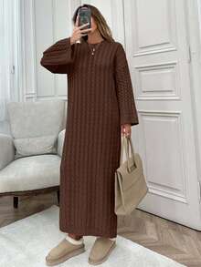 EURMUSE Women Cable Knitting Maxi Sweater Dress - Brown - View 6