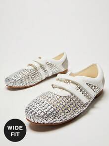 Solezae Designer Inspired Women's Wide-Fit Ballet Flat Sneakers-Casual Hybrid | Breathable Woven Design | All-Day Cloud Comfort - Metallic Silver - View 2