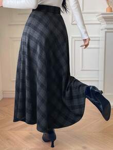 DAZY 女士优雅格子半身裙，适合通勤，秋冬季穿着 - 藏蓝色 - 查看 2