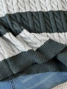 SHEIN Tween Girls Striped Color Block Cable Knit V-Neck Lantern Sleeve Oversized Pullover Sweater, Suitable For Autumn/Winter Outings Fall - Dark Grey - View 8