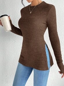 SHEIN Frenchy T-shirt côtelé à encolure ronde et ourlet en tricot côtelé en tissu à grain fendu - Tabac - Voir 4