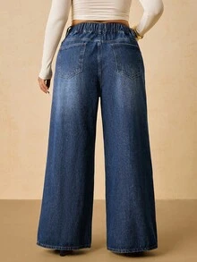 SHEIN Tall CURVE 大码休闲通勤冬季四季万圣节圣诞节新年感恩节水洗阔腿牛仔裤深蓝色牛仔裤高腰阔腿裤优雅女士服装舒适松紧腰女装艺术婚礼优雅商务休闲女装乡村复古朴素老钱商务休闲女装工作服女装大码舒适褶皱蓝色女式牛仔裤高腰宽松牛仔裤 - 藍色 - 查看 2