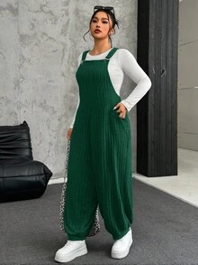 SHEIN EZwear Plus Size Grey Elastic Fleece Ribbed Bib Pants, Autumn/Winter - Dark Green - View 5